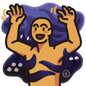 a figure from the waist up, raising their arms above their head and wiggling their fingers. They have a big smile on their face. they are standing in front of a blob-shaped black and purple portal, which has glowing eyes looking out of it, and black tentacles reaching out and around the avatar.
